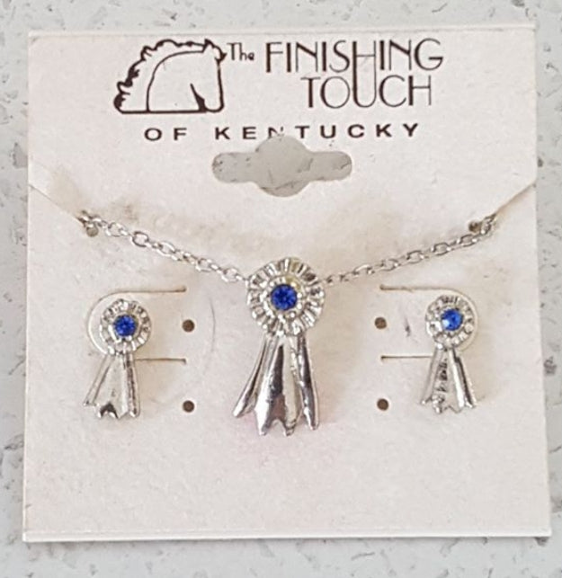 Blue ribbon earring and necklace set