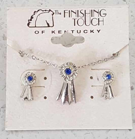 Blue ribbon earring and necklace set